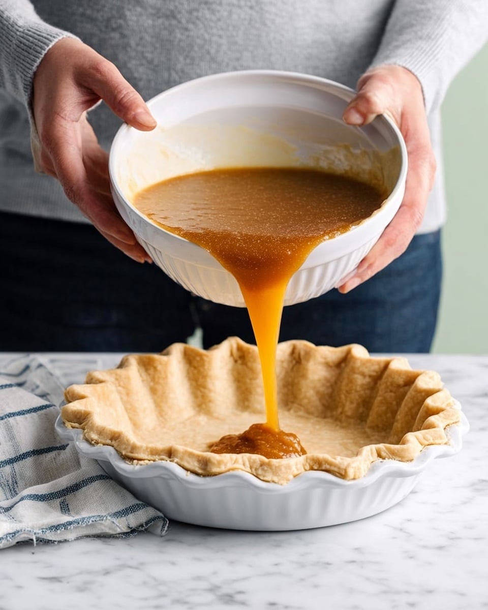 A pair of woman's hands hold a white bowl tilted over a white pie dish on a white marbled surface, pouring a thick, orange-brown liquid filling into the empty pie crust that has a crimped edge. A folded white and blue striped cloth sits next to the dish, and the person wears a gray long-sleeve shirt and dark pants. The background is plain light green. Photo taken with an iphone --ar 4:5 --v 7