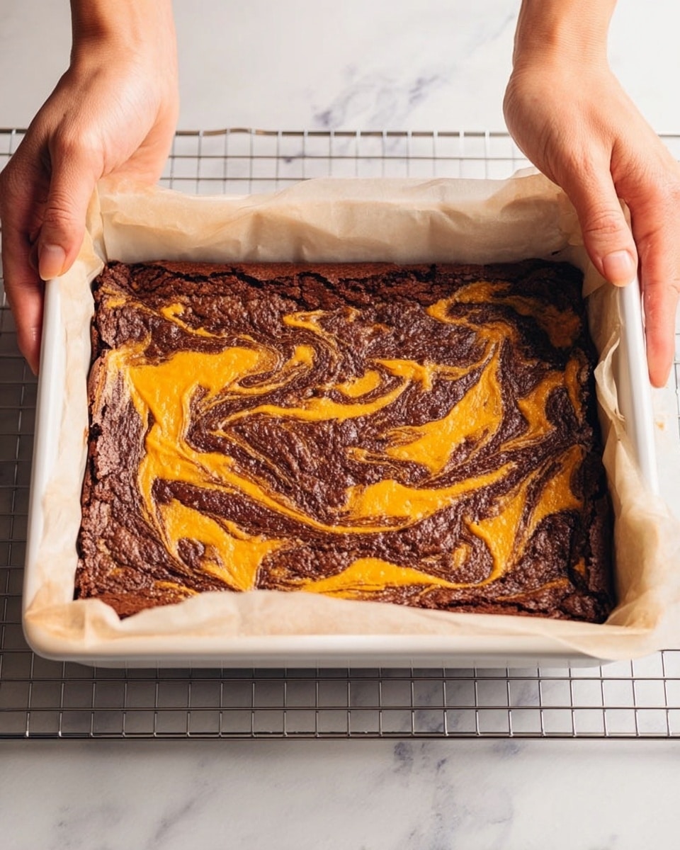 A close-up view of a fresh baked brownie with pumpkin swirls inside a white rectangular baking tray lined with parchment paper. The brownie has a dark brown base with vibrant orange pumpkin streaks swirling through it in random patterns. The baking tray is resting on a wire cooling rack placed over a white marbled surface. Two woman's hands are gently holding the opposite corners of the tray, showing the texture and thickness of the brownie. The lighting highlights the contrast between the glossy pumpkin swirls and the matte dark brown cake edges. Photo taken with an iphone --ar 4:5 --v 7