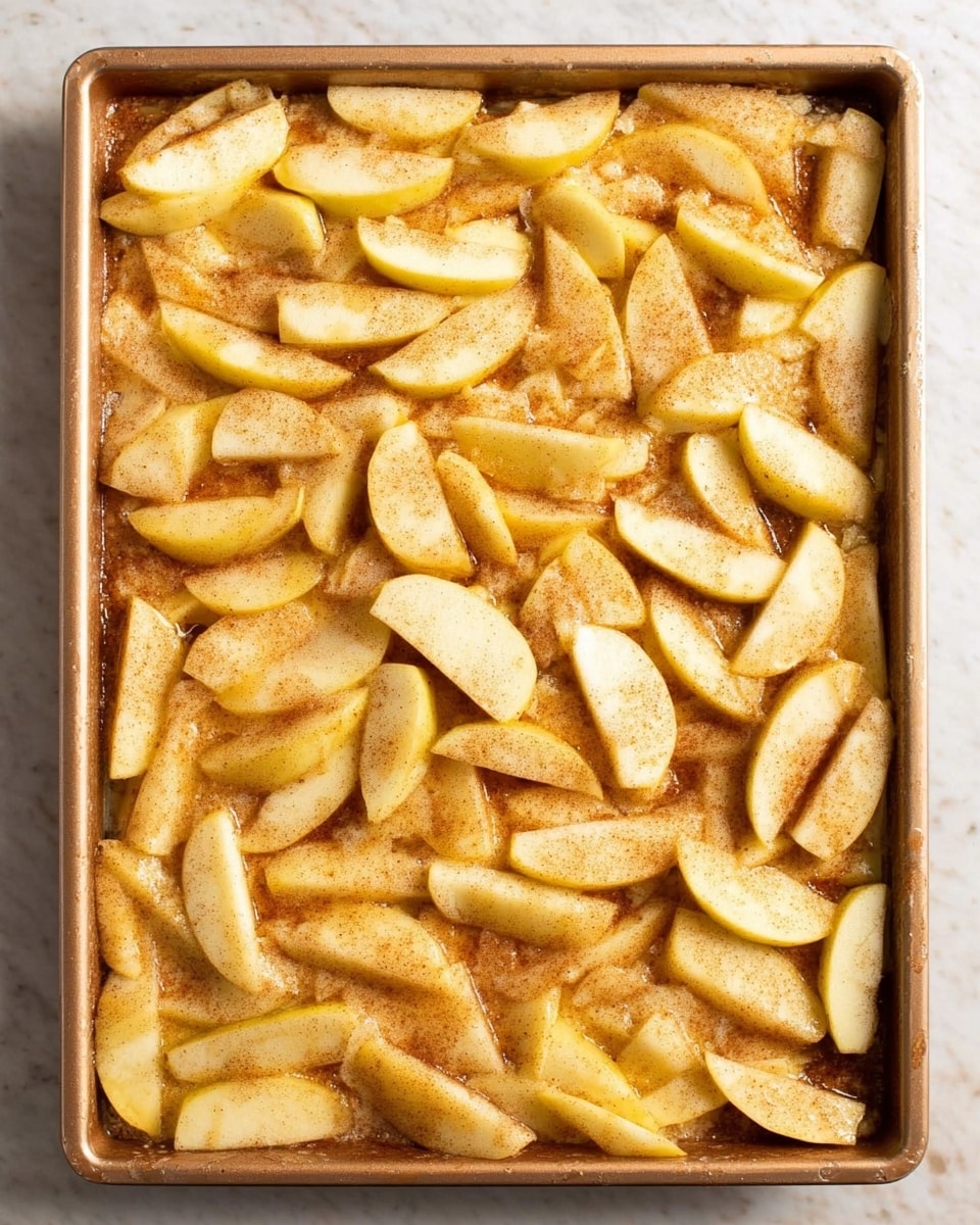 The image shows a rectangular baking tray filled with evenly spread thin slices of apple. The apple slices are light yellow with a soft brown coating of cinnamon and sugar, giving a slightly glossy and textured look. They are packed closely together in a single, thick layer that covers the entire tray. The tray rests on a surface with a white marbled texture. photo taken with an iphone --ar 4:5 --v 7
