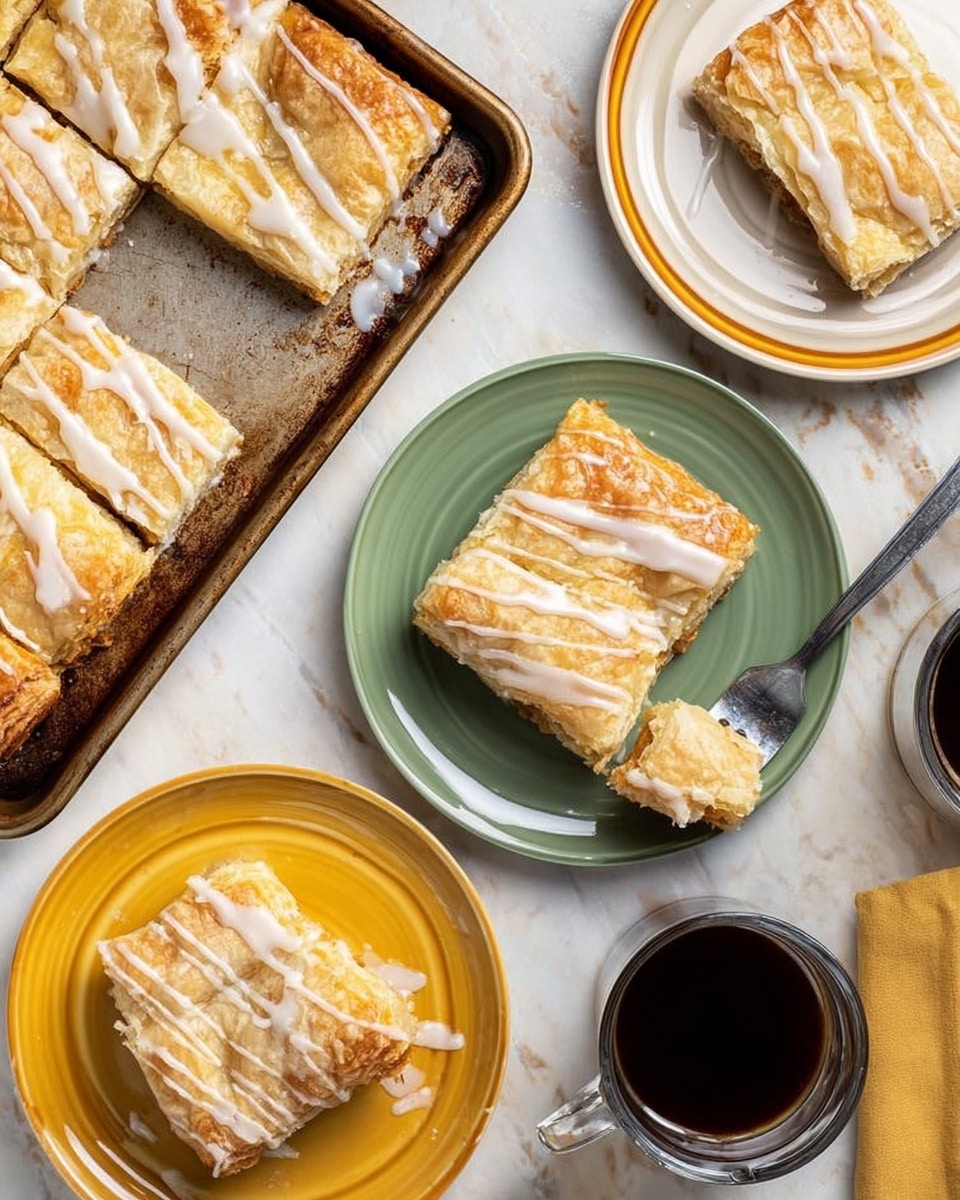 The image shows several pieces of a light golden square pastry with a flaky texture and white icing drizzled on top in thin lines. Most pastries are on a metal baking tray with a slightly browned surface, while a few pieces are placed on three white plates with different colors on the inner surface: green, mustard yellow, and light brown. A silver fork holding a piece of the pastry sits on the green plate, and there is a clear glass cup filled with dark coffee nearby. The background is a white marbled texture. Photo taken with an iphone --ar 4:5 --v 7