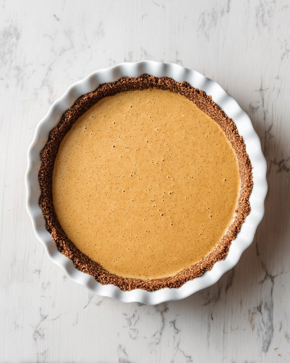 A round pie in a white fluted ceramic dish sits on a white marbled surface. The pie has one visible layer, a smooth light brown filling with a slightly uneven texture and tiny bubbles on top. Surrounding the filling is a thick, crumbly dark brown crust evenly pressed against the edges of the dish. The overall look is simple and rustic. photo taken with an iphone --ar 4:5 --v 7