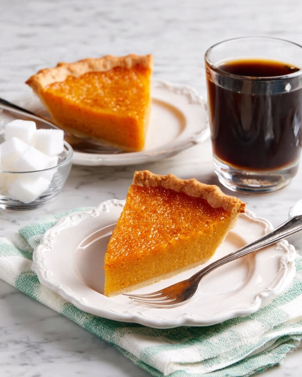 The image shows two slices of orange pie with a golden brown crust and a smooth, slightly glossy filling. Each slice is on a white plate with decorative edges, one in the foreground with a silver fork on the right side and the other in the background. The pie filling looks dense and moist, with a textured top layer that adds a bit of crispiness. Behind the front slice is a clear glass cup filled with black coffee, and to the left is a small clear bowl with white sugar cubes. The setting is on a white marbled surface with a folded white and green napkin under the front plate. Photo taken with an iphone --ar 4:5 --v 7