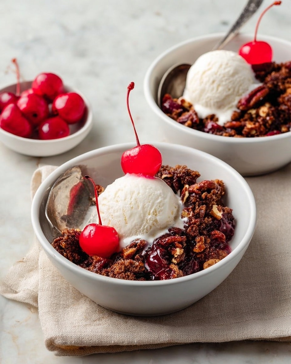 The image shows two white bowls filled with a dark brown crumbly dessert topped with a scoop of white vanilla ice cream. Each scoop of ice cream has a bright red cherry on top. One bowl has a silver spoon resting inside it, partly in the dessert. In the background, there is a small white bowl filled with several red cherries. The bowls sit on a soft beige cloth over a white marbled surface. The dessert texture looks crunchy and moist with some darker bits and nuts visible. Photo taken with an iphone --ar 4:5 --v 7