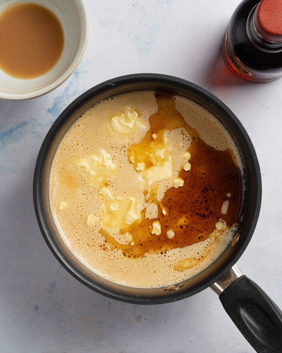 A top view of a black saucepan filled with a light brown creamy liquid, unevenly mixed with melted yellow butter and a darker brown thick syrup or sauce pooling on one side. The saucepan is placed on a white marbled surface. To the left of the pot, there is a small white bowl with some brown liquid inside and a dark glass bottle with a red cap. The saucepan handle extends out to the right, and the mixture shows smooth and glossy textures with some separation of ingredients. Photo taken with an iphone --ar 4:5 --v 7