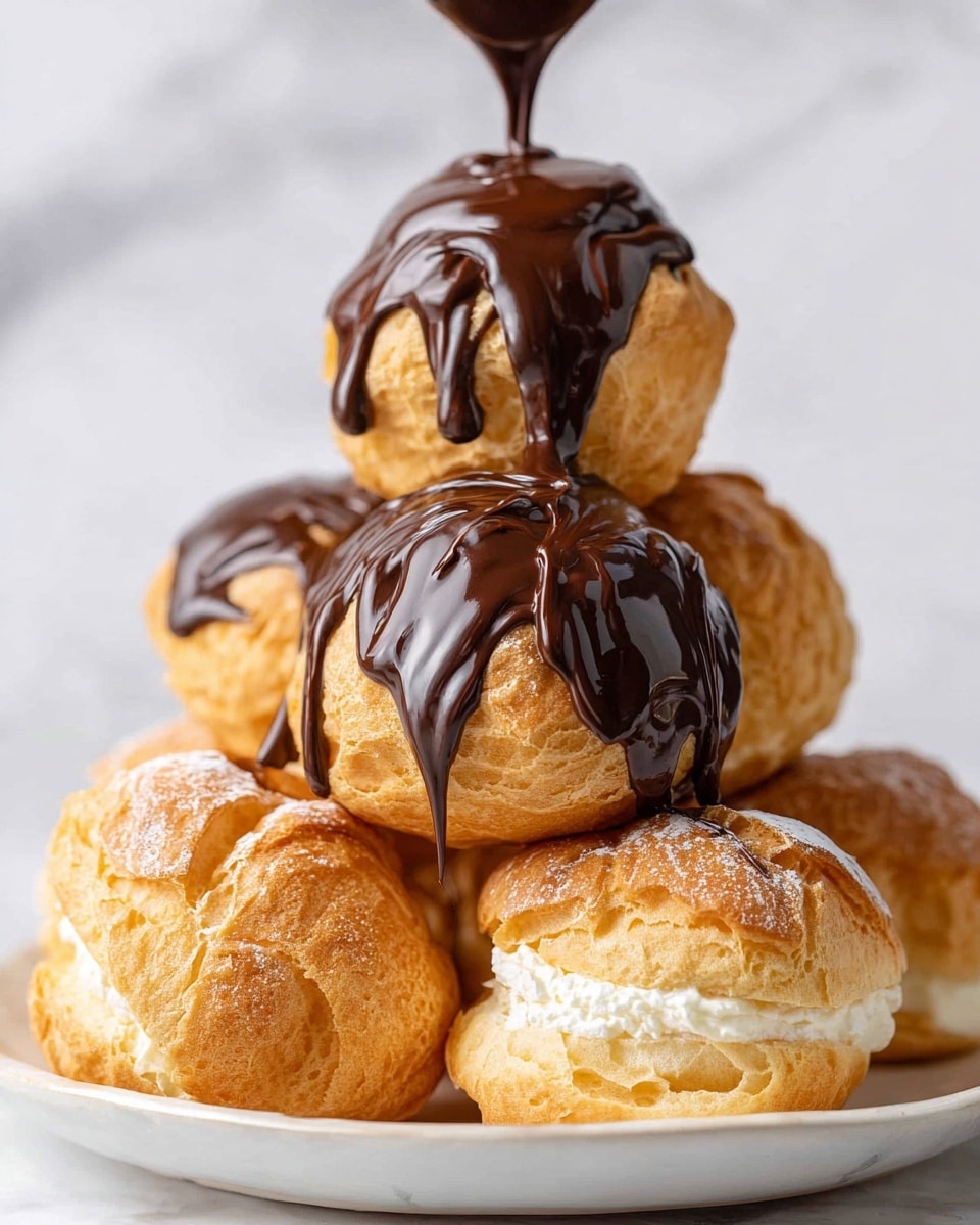 A close-up view of a stack of five golden-brown cream puffs arranged in a pyramid on a white plate, with three cream puffs at the base, one in the middle, and one at the top. Thick, dark chocolate sauce is being poured from above, slowly flowing down and covering the top cream puff and dripping onto the others below. The cream puffs have a slightly rough, flaky texture with visible cracks and a matte finish. The background is a soft white marbled texture, giving a clean and bright look to the scene. photo taken with an iphone --ar 4:5 --v 7