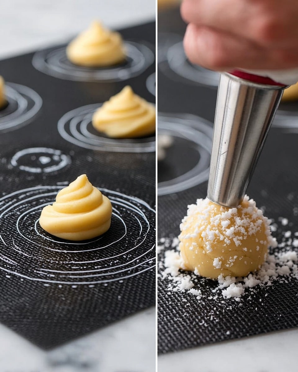 The image shows two close-up views of light yellow dough being piped onto a black textured baking mat with white circular guides. On the left side, a metal piping tip squeezes the smooth, creamy dough into a small round mound, creating soft layers with a slightly glossy finish. On the right side, a mound of dough sprinkled with small white sugar pieces sits on the mat, showing a rougher texture on top. Both parts of the image focus closely on the dough and piping process, with a woman's fingers visible holding the piping bag. The background is a white marbled texture. photo taken with an iphone --ar 4:5 --v 7