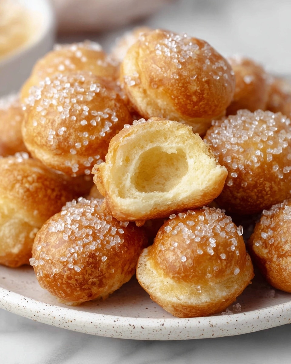 A plate full of small round golden brown puffs topped with large white sugar crystals, with one puff broken open showing a hollow inside with soft, airy light-yellow texture. The puffs are piled together on a white plate with a light speckled pattern sitting on a white marbled surface. The sugary topping sparkles slightly in the light, adding texture contrast to the smooth, slightly shiny exterior of the puffs. photo taken with an iphone --ar 4:5 --v 7