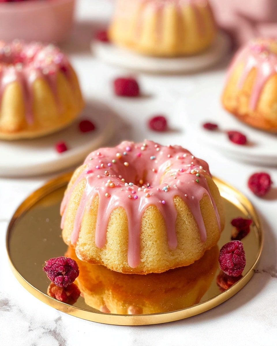 A small bundt cake with a smooth light yellow color sits on a shiny gold round plate. It has a pink glaze icing drizzled over the top that softly runs down the ridges of the cake, and pastel-colored small round sprinkles are scattered on the icing. Around the cake on the plate and nearby are small red dried berries. In the background, there are other similar bundt cakes on white round plates, all set on a white marbled surface. photo taken with an iphone --ar 4:5 --v 7