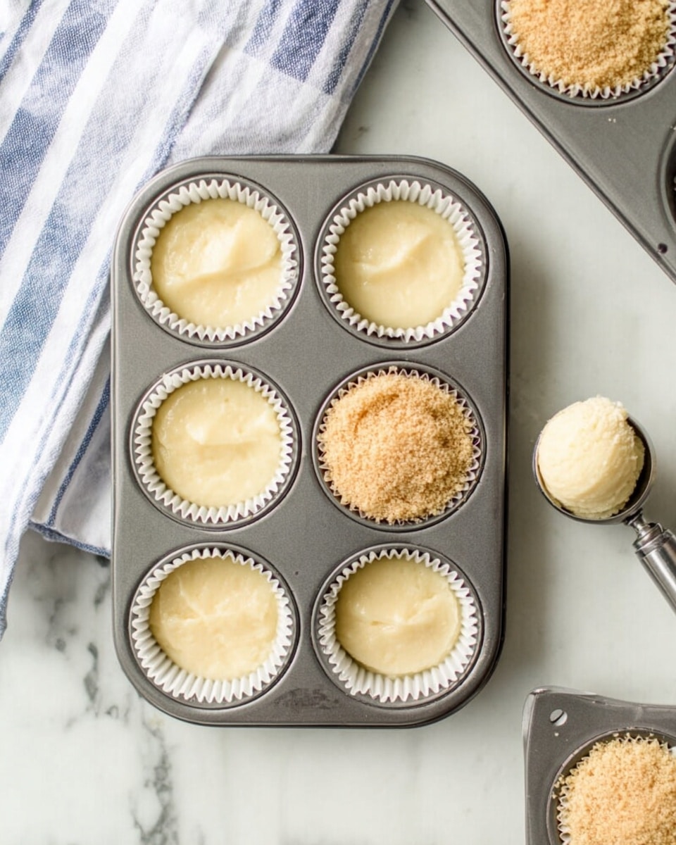 A gray metal muffin tin holds four white cupcake liners filled with batter; three liners are filled with smooth, pale yellow batter with a slightly textured surface, and one liner is topped with a crumbly, light brown crust. To the right of the tin, a metal ice cream scoop filled with pale yellow batter rests on a white marbled surface. In the top right corner, there is a partial view of another muffin tin with liners also topped with the crumbly brown crust. At the top left is a folded white cloth with blue stripes on the same white marbled surface. Photo taken with an iphone --ar 4:5 --v 7