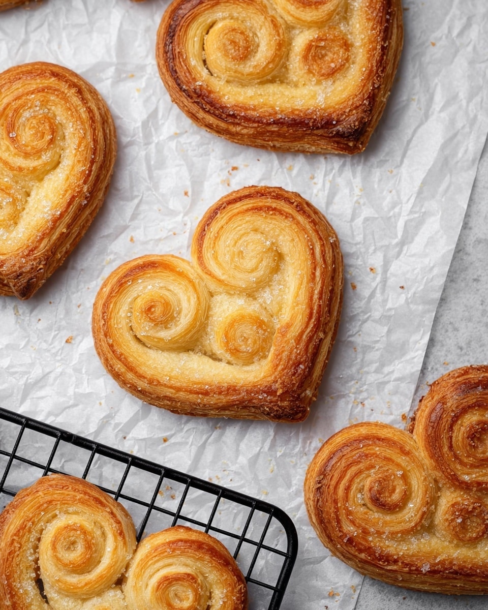 Several golden brown palmiers are laid out on a crumpled white paper over a white marbled surface. The pastries are heart-shaped with layers of crispy, flaky dough that show a spiral pattern in light and darker golden hues. One palmier rests on a black metal cooling rack in the lower center, adding contrast to the image. The edges of the palmiers are slightly darker, showing a crisp texture, and some sugar crystals add sparkle on the surface. Photo taken with an iphone --ar 4:5 --v 7