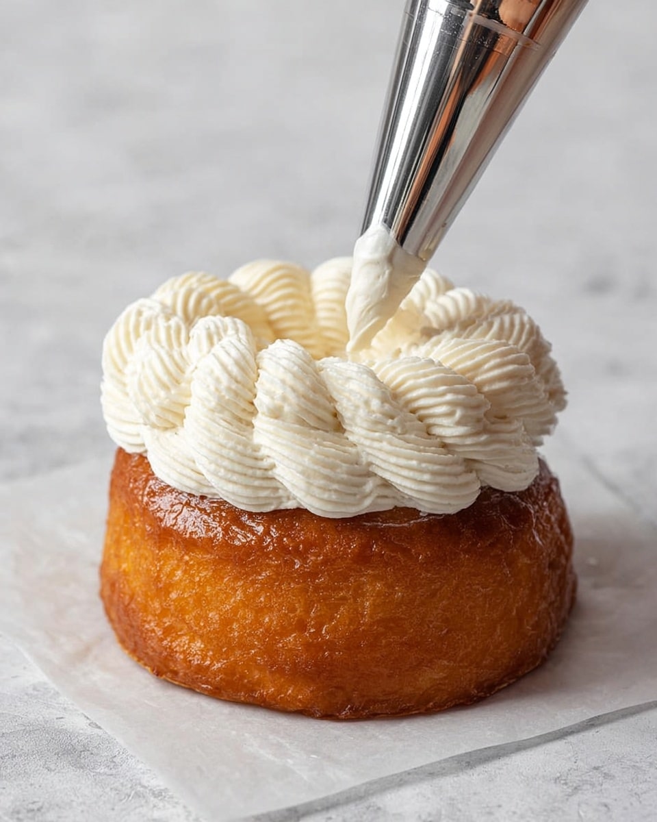 A single golden-brown round pastry with a shiny, slightly sticky surface sits on white parchment paper over a white marbled texture. On top, a woman's hand holds a metal piping bag applying a thick swirl of creamy white frosting with tiny black vanilla specks, creating a textured, layered rope pattern that spirals neatly from the edge toward the center of the pastry's top. The pastry's surface looks soft and slightly textured under the frosting. Photo taken with an iphone --ar 4:5 --v 7