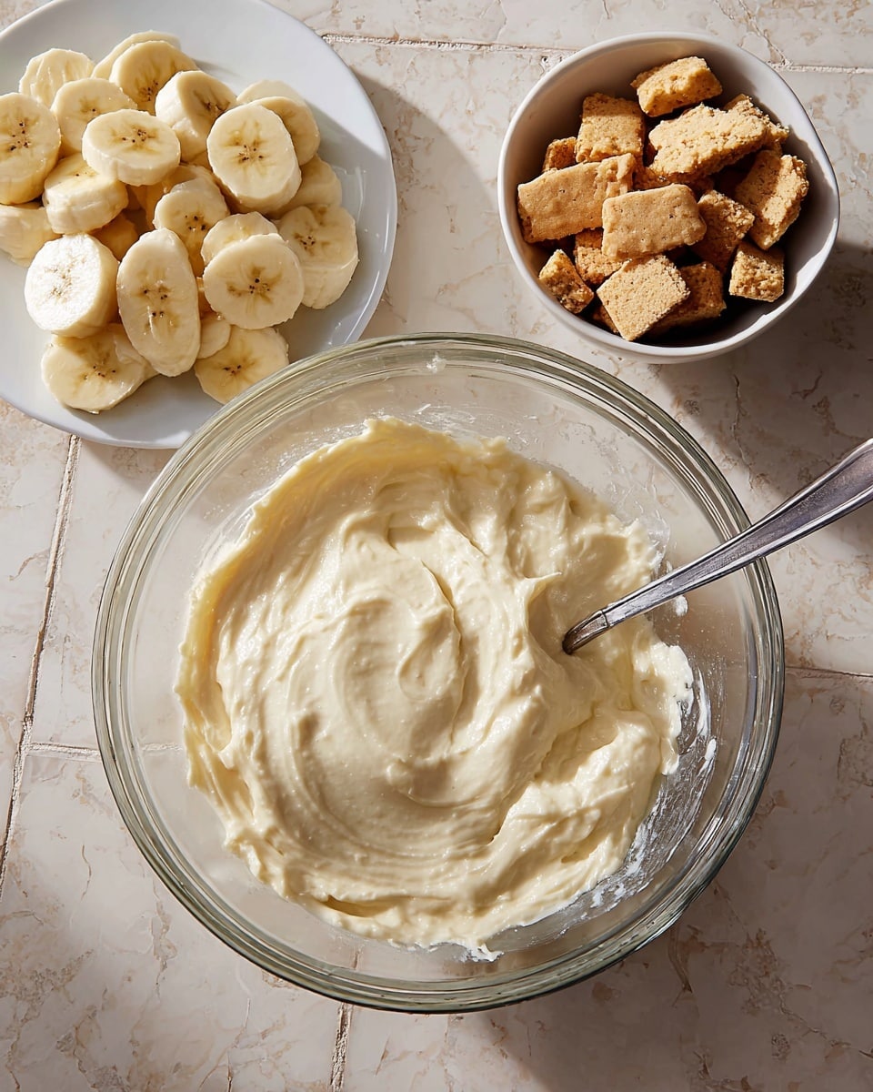 A large clear glass bowl filled with a thick, creamy off-white mixture with soft swirls and a silver spoon resting inside it is placed on a white marbled tiled surface. To the left, there is a small white plate holding several thick, round slices of banana with pale yellow flesh. To the right, a small white bowl contains broken pieces of golden brown cookies with a crumbly texture. The scene is simple with natural light highlighting the textures of the food photo taken with an iphone --ar 4:5 --v 7