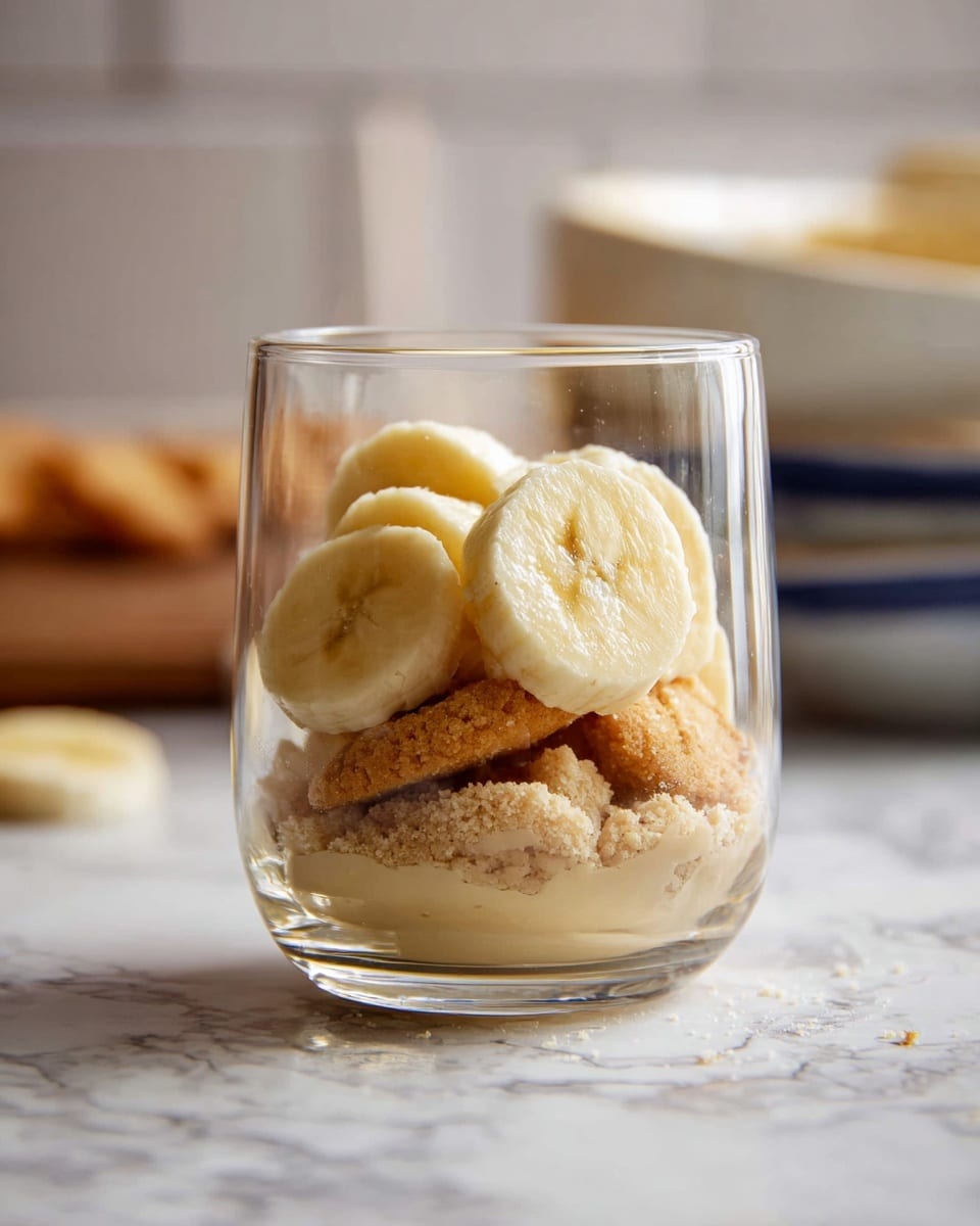 A clear glass shows two layers inside: the bottom layer is made of broken light brown cookie pieces with a crumbly texture, and the top layer is several round, thick slices of yellowish-white banana stacked on each other. The glass sits on a white marbled surface, with blurred bowls and kitchen items in soft focus behind it. photo taken with an iphone --ar 4:5 --v 7