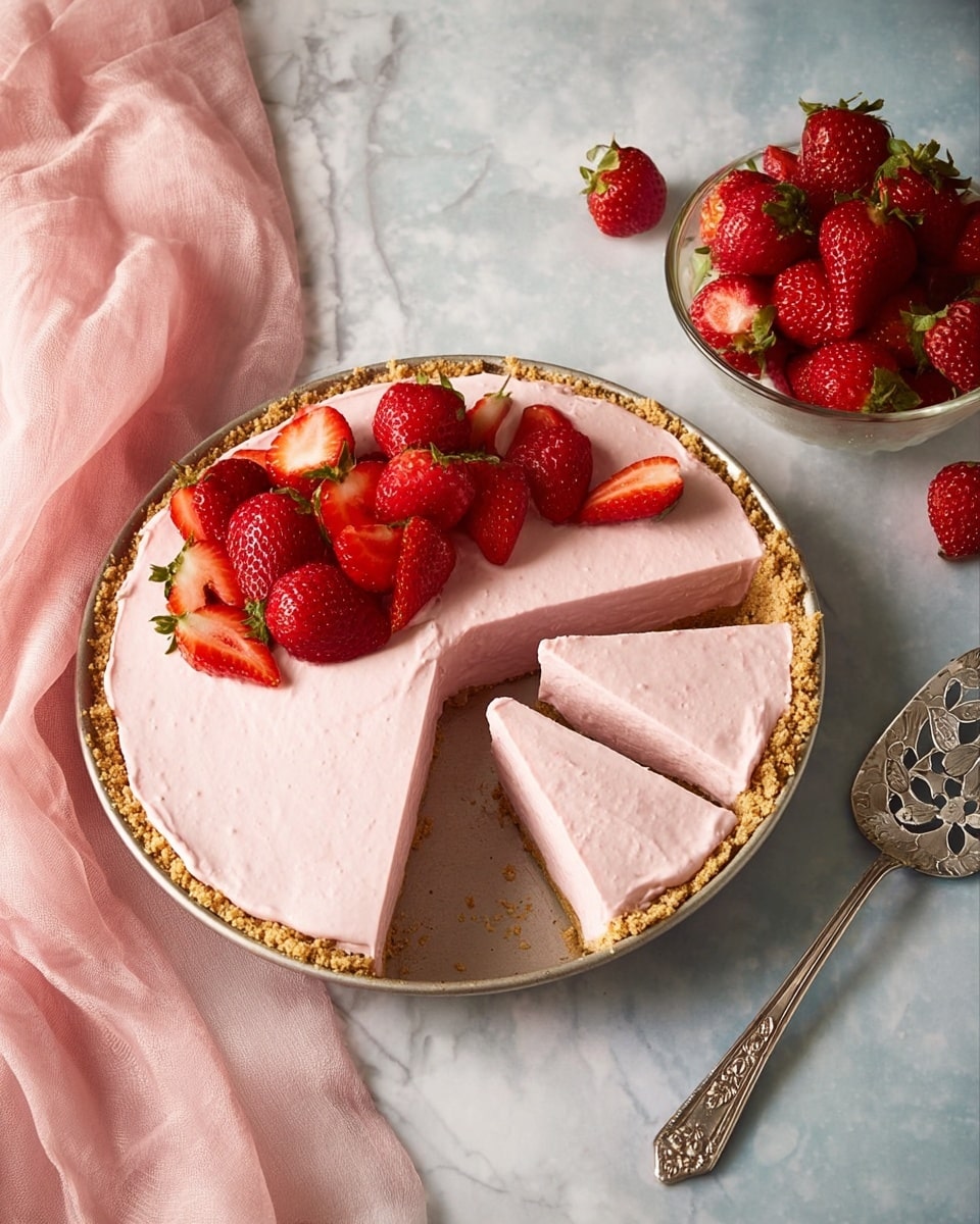 A slice of pink strawberry mousse pie with a crumbly light brown crust sits on a white, scalloped edge plate. The mousse layer is smooth with small bits of strawberry inside, topped with several fresh red strawberry pieces, some placed on the mousse and others on the plate near the slice. In the background, the rest of the pie is partially visible on a white marbled surface along with whole strawberries scattered nearby. The soft lighting highlights the creamy texture of the mousse and the vibrant red of the strawberries. Photo taken with an iphone --ar 4:5 --v 7