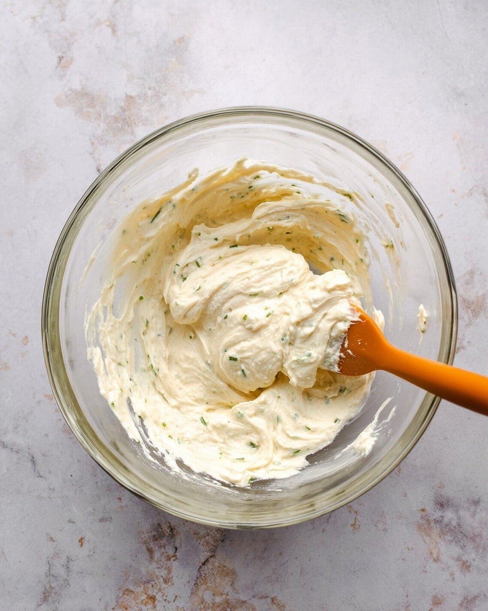 A transparent glass bowl holds a creamy, smooth, off-white mixture with a soft texture and slight green specks, suggesting herbs mixed in. The mixture occupies the center of the bowl, with an orange spatula partially submerged on the right side, showing the mixture being stirred. The bowl sits on a surface with a white marbled texture. photo taken with an iphone --ar 4:5 --v 7