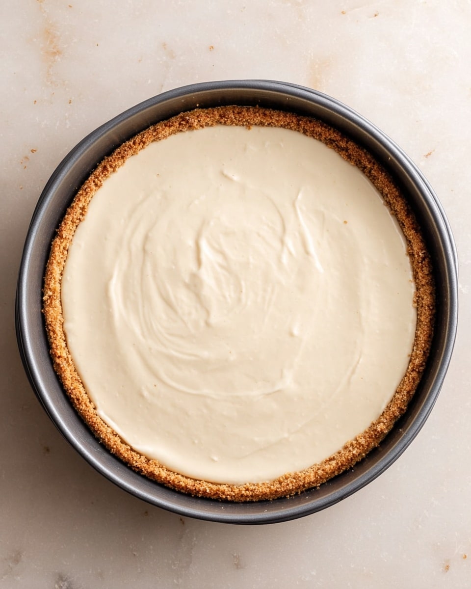 A round cheesecake with two visible layers is shown from above. The base layer is a crumbly, golden-brown crust that crests the edges of a dark gray springform pan. The top layer is a smooth, creamy, light beige filling that fills the crust evenly, with soft swirls in the center. The pan sits on a white marbled surface. photo taken with an iphone --ar 4:5 --v 7