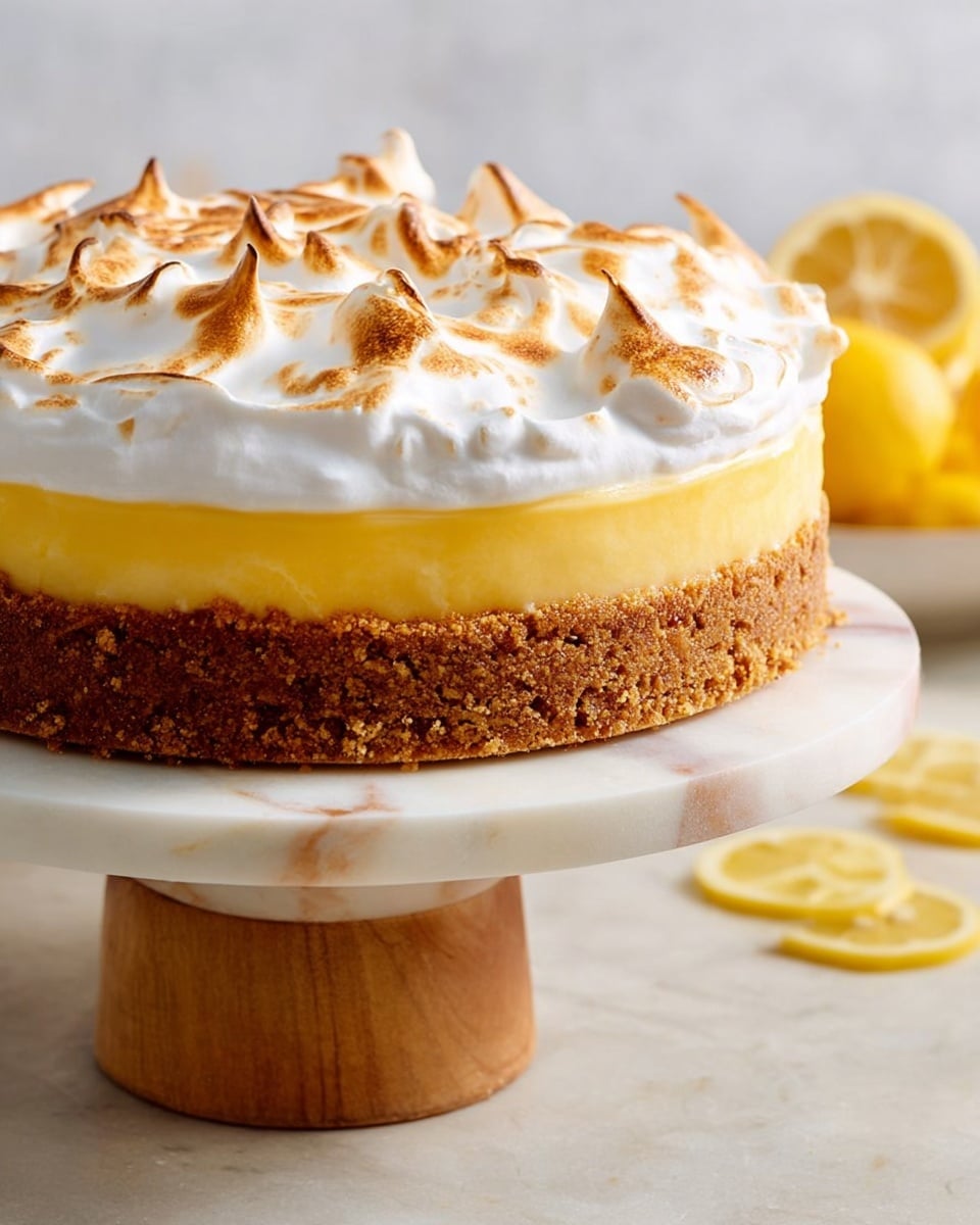 A three-layer lemon meringue pie sits on a white marbled cake stand with a wooden base. The bottom layer is a thick, rough-textured light brown crumb crust, the middle layer is a smooth, bright yellow lemon filling, and the top layer is a fluffy white meringue with golden-brown toasted peaks spread unevenly across the surface. The background includes blurred lemons and lemon slices, all set against a white marbled texture. photo taken with an iphone --ar 4:5 --v 7