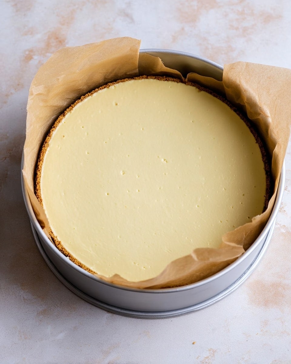 A round cheesecake in a silver springform pan lined partially with brown parchment paper sits on a white marbled surface. The cheesecake has two visible layers: a thick, smooth light yellow creamy layer on top, covering almost the entire pan, and a thin brown crust peeking out around the edges beneath the creamy layer. The top surface looks smooth with a few small air bubbles and slight texture differences, giving it a fresh and soft appearance. Photo taken with an iphone --ar 4:5 --v 7