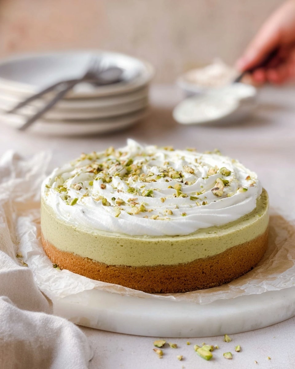 A round cake with a thick golden-brown crust forms the base, topped with a smooth light green layer that appears creamy. On top of the green layer, there is a thick swirling layer of white cream, sprinkled lightly with small green pistachio pieces for texture and color contrast. The cake sits on a piece of parchment paper placed on a white marble surface. In the background, there are blurred white plates stacked with silver forks resting on top, and a woman's hand gently lifting one plate. The overall setting is bright and soft with warm neutral tones. photo taken with an iphone --ar 4:5 --v 7