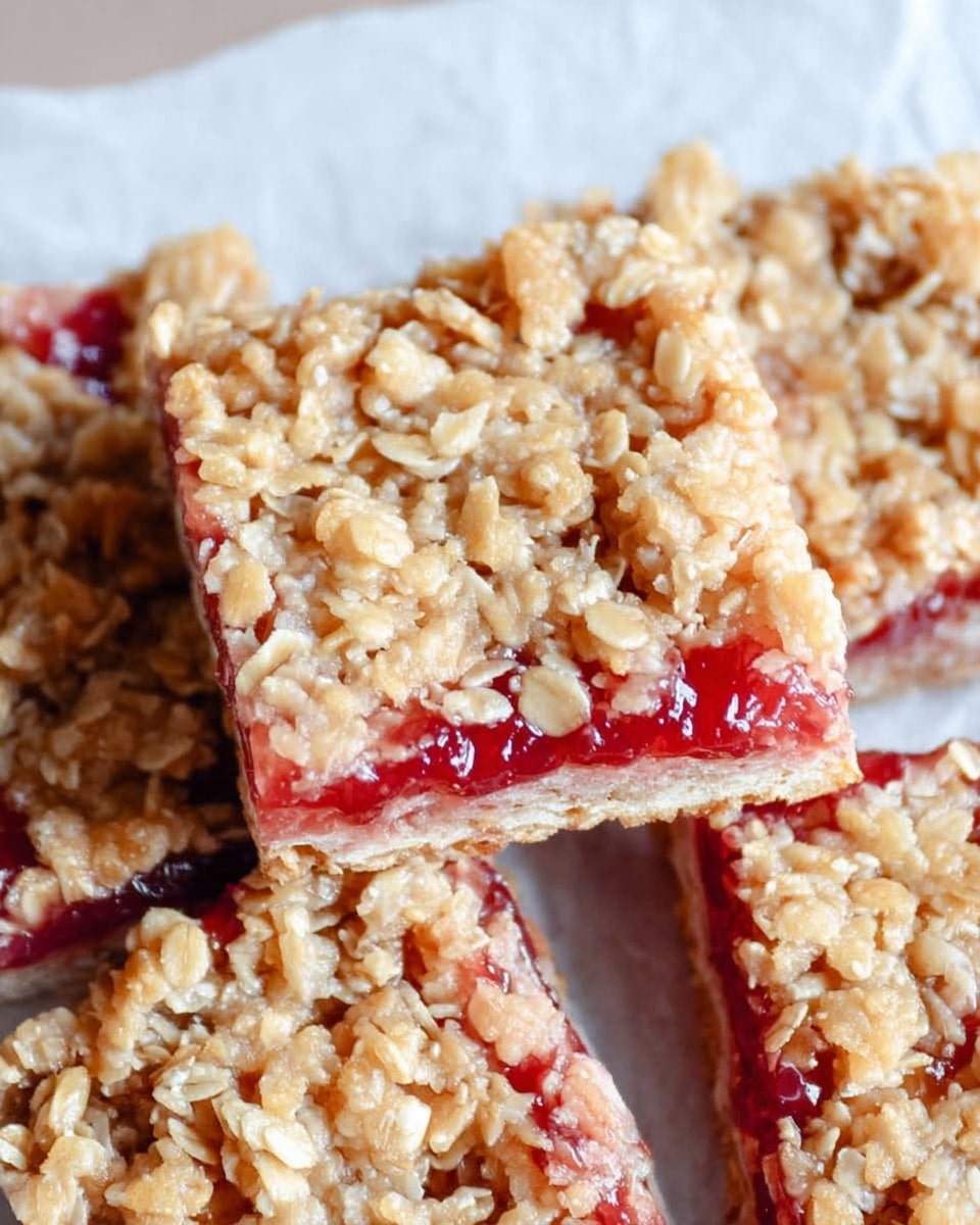 The image shows several square oat bars stacked closely together on white parchment paper, placed over a white marbled surface. Each bar has two layers: the bottom layer is a bright red, slightly glossy jam or fruit filling, and the thick top layer is made of light brown, chunky oat clusters. The oat clusters have a rough, crumbly texture and cover the jam almost completely, with small pieces of the red filling visible between oats. The bars have clean edges and a dense appearance, and the oats have a natural, uneven shape, giving a homemade look. photo taken with an iphone --ar 4:5 --v 7
