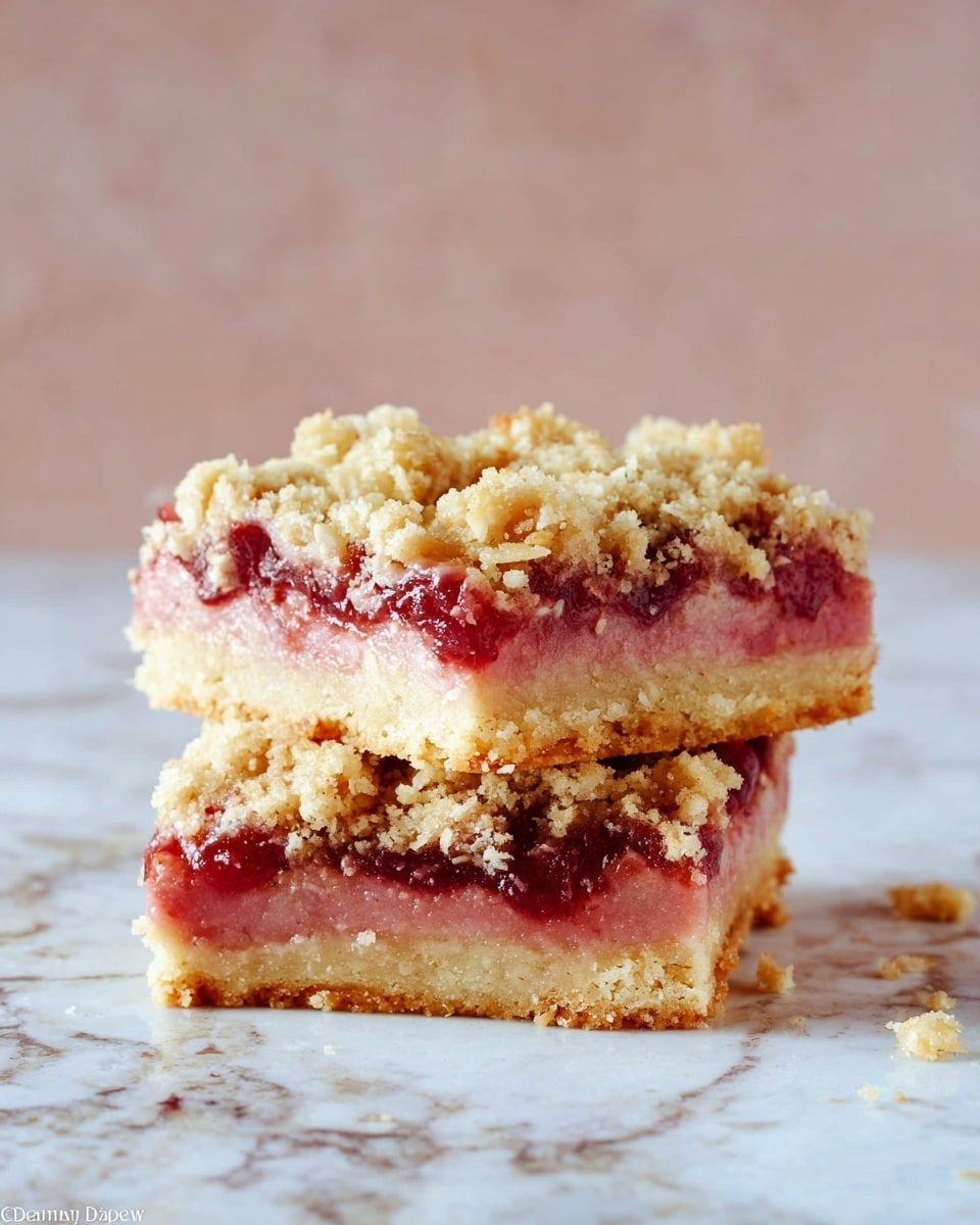 The image shows two square pieces of a dessert stacked on a white marbled surface. Each piece has three layers: the bottom layer is a thick, light golden cake with a soft texture, the middle layer is a smooth, pinkish-red fruit filling with visible small chunks, and the top layer is a crumbly oat topping that looks golden brown with a rough texture. The crumble spills slightly over the edges of the fruit layer, adding a rustic feel. The background is simple and soft-colored, making the dessert the focus of the image. Photo taken with an iphone --ar 4:5 --v 7