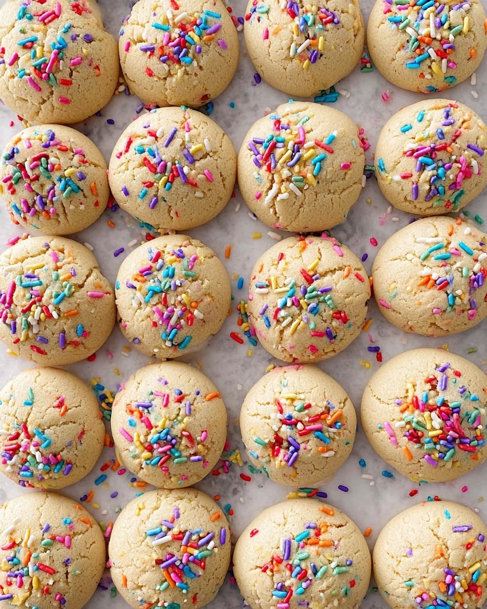 The image shows many small, round cookies closely placed together on a white marbled surface. Each cookie has a light beige color with a soft, slightly cracked texture on top. They are topped with colorful, thin sprinkles in red, blue, yellow, purple, orange, and green. The cookies are evenly spaced in rows, and the overall look is bright and cheerful. photo taken with an iphone --ar 4:5 --v 7