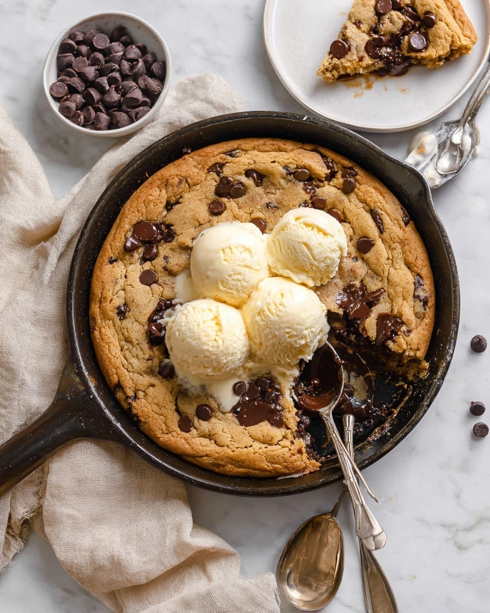A large cast iron skillet filled with a baked chocolate chip cookie that is golden brown with dark melted chocolate chips visible on top. There are three round scoops of light yellow vanilla ice cream melting slightly in the center of the cookie. One scoop has a silver spoon in it, and another silver spoon rests in a slice of cookie that has been removed from the skillet. The slice is on a white plate with a scoop of vanilla ice cream next to it. On the white marbled surface around the skillet, there is a beige cloth, a silver spoon, and a white bowl with extra dark chocolate chips. photo taken with an iphone --ar 4:5 --v 7