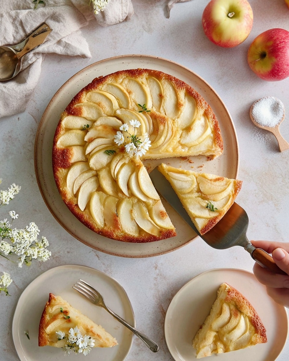 The image shows a round apple cake with one slice being lifted by a silver spatula on the right side. The cake has a golden-brown crust and a top layer of thinly sliced pale yellow apple pieces arranged in a spiral pattern. The cake sits on a white plate with a beige rim on a white marbled surface. There are two light red and yellow apples near the cake on the surface, and a few small white flowers placed on the cake’s center. A slice of the cake is on a white plate with a beige rim at the bottom right, showing a moist, light yellow inside with apple slices on top. A woman's hand is not visible but the spatula is carefully holding the slice. The setting includes a small wooden spoon with sugar and other cutlery scattered around, all on the white marbled texture surface. Photo taken with an iphone --ar 4:5 --v 7
