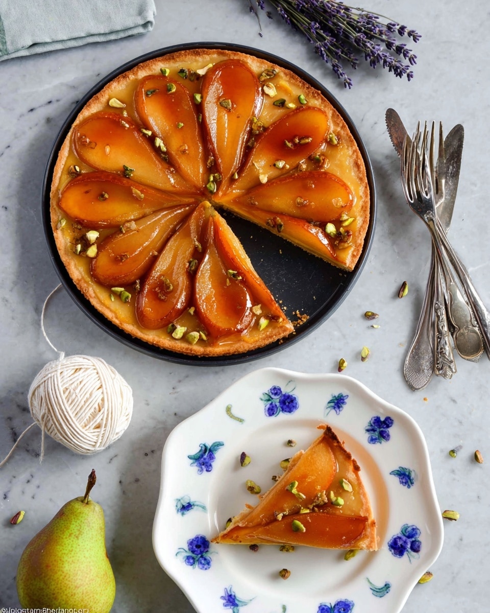A round tart with a golden crust forms the base layer, topped with a layer of shiny, caramelized orange-red pear slices arranged in a flower pattern, and sprinkled with small chopped green pistachio pieces. One slice is missing from the tart, placed on a white scalloped plate with blue floral designs, showing the crust and fruit layers clearly. The tart and plate are set on a white marbled surface, alongside two silver forks, a bundle of lavender, a white spool of string, and half a green pear with a brown stem. Photo taken with an iphone --ar 4:5 --v 7