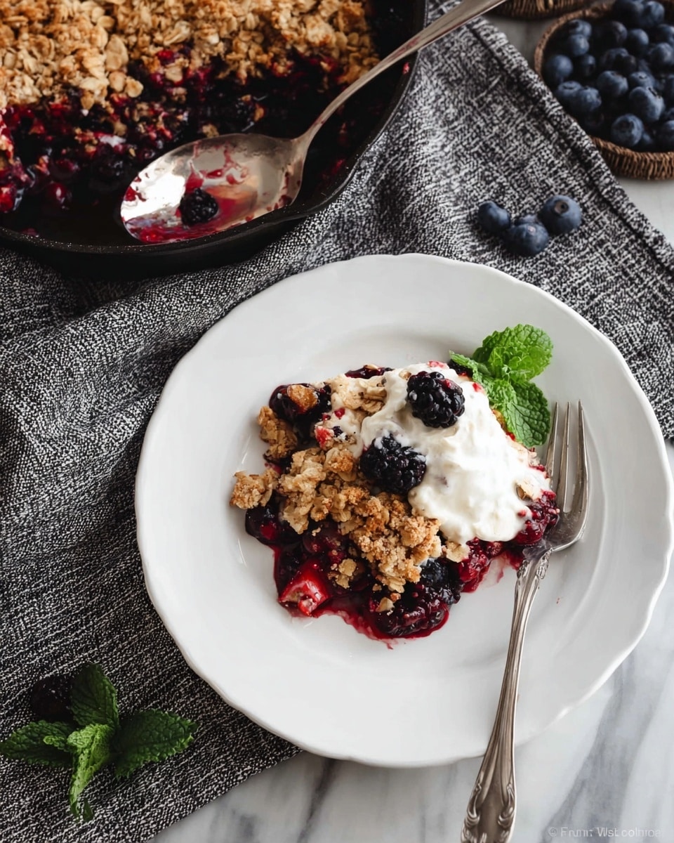A white plate holds a serving of berry crumble with three layers: a bottom layer of deep red and dark purple cooked berries, a middle layer of light brown crumbly oat topping, and a top layer of white cream drizzled unevenly over the crumble. On top, a single dark blueberry, a blackberry, and a small green mint leaf add color contrast. A silver fork rests on the right side of the plate. In the background, a black skillet contains more of the berry crumble with a silver spoon inside. The plate and skillet sit on a white marbled surface covered with two overlapping gray and white textured cloths, with scattered fresh blueberries and a small mint sprig nearby. photo taken with an iphone --ar 4:5 --v 7
