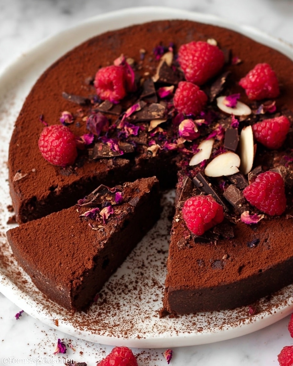 A round chocolate cake with a dark brown color and smooth texture, dusted lightly with cocoa powder on top. One slice is slightly separated from the cake, showing the same dense chocolate layer inside. The top is decorated with scattered bright red raspberries, small chunks of almonds, pieces of dark chocolate, and a sprinkle of dried purple rose petals, adding texture and color contrast. The cake sits on a white plate, placed on a white marbled surface photo taken with an iphone --ar 4:5 --v 7