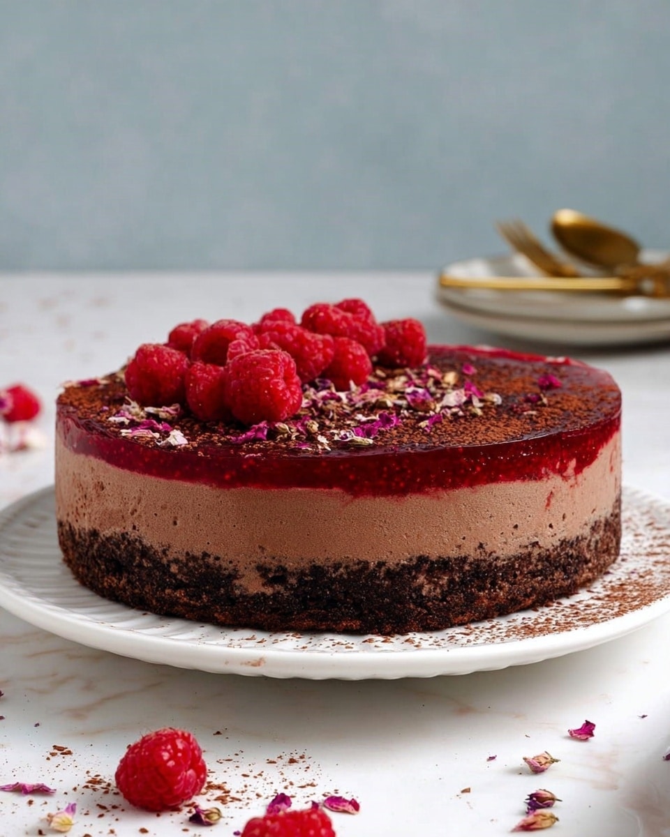 A round, three-layer chocolate dessert is shown on a white plate with a raised edge. The bottom layer is dark and dense with a rough, crumbly texture. Above it is a thick layer of bright red raspberry jelly with a glossy, slightly uneven surface. The top layer is thick, light brown chocolate mousse with a smooth, airy texture, dusted with a fine layer of cocoa powder. The dessert is garnished with a mix of whole raspberries and small pieces of dried flower petals scattered on top. The scene is set on a white marbled surface, with a blurred light blue background and some gold utensils placed nearby. Photo taken with an iphone --ar 4:5 --v 7