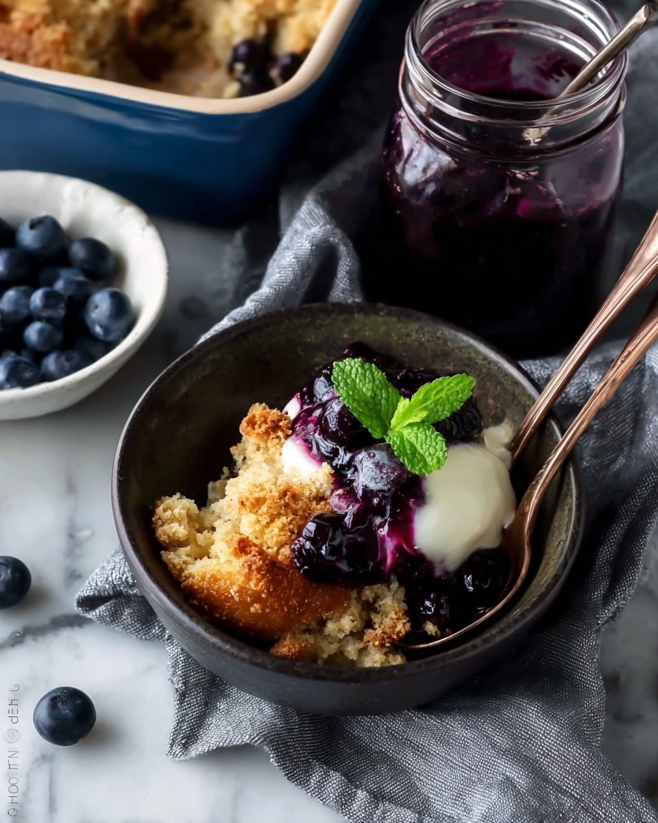 The image shows a dark bowl with two main layers inside: the bottom layer is a golden, crumbly baked dessert with a rough texture, and on top there is a white creamy layer mixed slightly with dark purple cooked blueberries, garnished with a small green mint leaf. A spoon is placed inside the bowl. Behind it, there is a glass jar filled with dark purple blueberry sauce and a white marbled surface underneath with a gray linen cloth partially under the bowl and jar. In the top left corner, part of a larger blue baking dish with more of the baked dessert and blueberries is visible. A small white bowl with fresh blueberries is on the lower left side. Photo taken with an iphone --ar 4:5 --v 7