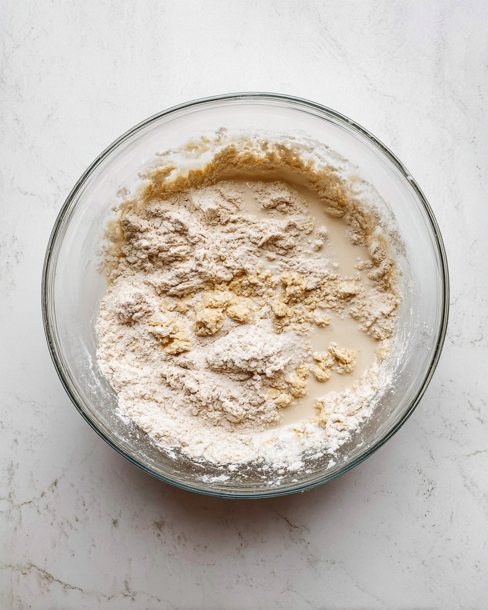 A clear glass bowl sits on a white marbled surface, containing a mixture that appears to be in the early stages of blending. Inside the bowl, there are visible layers of light beige flour powder unevenly spread over a creamy, off-white liquid. Some parts show small clumps of flour still dry, while other areas reveal a smoother, more mixed texture, giving the mixture a rough, grainy look from above. The glass bowl has a slight shine and transparency, showing the thickness and chunky consistency of the mixture. photo taken with an iphone --ar 4:5 --v 7