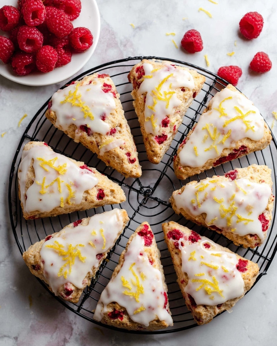 The image shows eight triangular scones placed on a black round cooling rack over a white marbled surface. Each scone has a golden-brown base with visible red raspberry pieces baked inside, giving pops of bright red color throughout the scones. The tops are covered with a smooth white icing that drips slightly down the sides, and they are sprinkled with strands of yellow lemon zest adding a fresh contrast. To the upper left of the cooling rack, there is a white round plate holding a small pile of fresh red raspberries. The overall scene is bright and fresh, with the focus on the detailed textures of the fruit, icing, and zest. Photo taken with an iphone --ar 4:5 --v 7