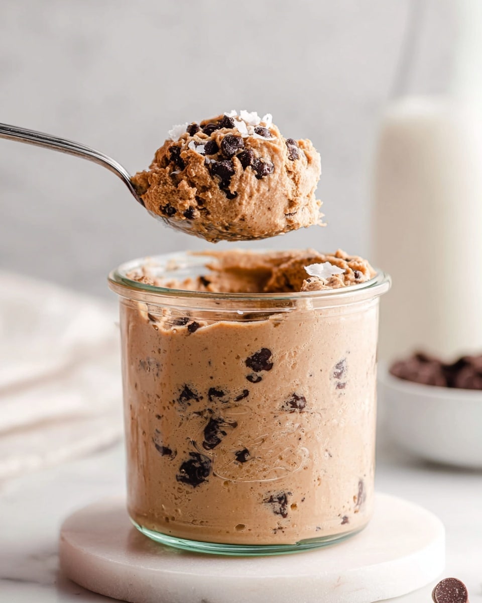 A clear glass jar filled with a thick, creamy light brown mixture with visible dark chocolate chips mixed inside. On top, a silver spoon held by a woman's hand lifts a large scoop of the mixture, showing more chocolate chips and small white flakes on its surface. The jar is placed on a round white marble coaster, all set against a white marbled texture background. A blurred clear bottle with milk is visible in the back right side. photo taken with an iphone --ar 4:5 --v 7