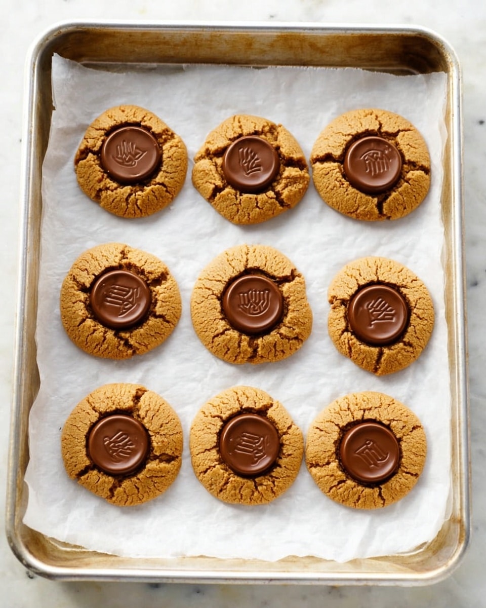 The image shows eight round cookies on white baking paper placed inside a metal baking tray. Each cookie is golden brown with a cracked texture, topped at the center with a smooth, round chocolate piece that has a menorah symbol embossed on it. The cookies are arranged in two rows and four columns, evenly spaced on the paper. The background underneath the tray is a white marbled surface. Photo taken with an iphone --ar 4:5 --v 7
