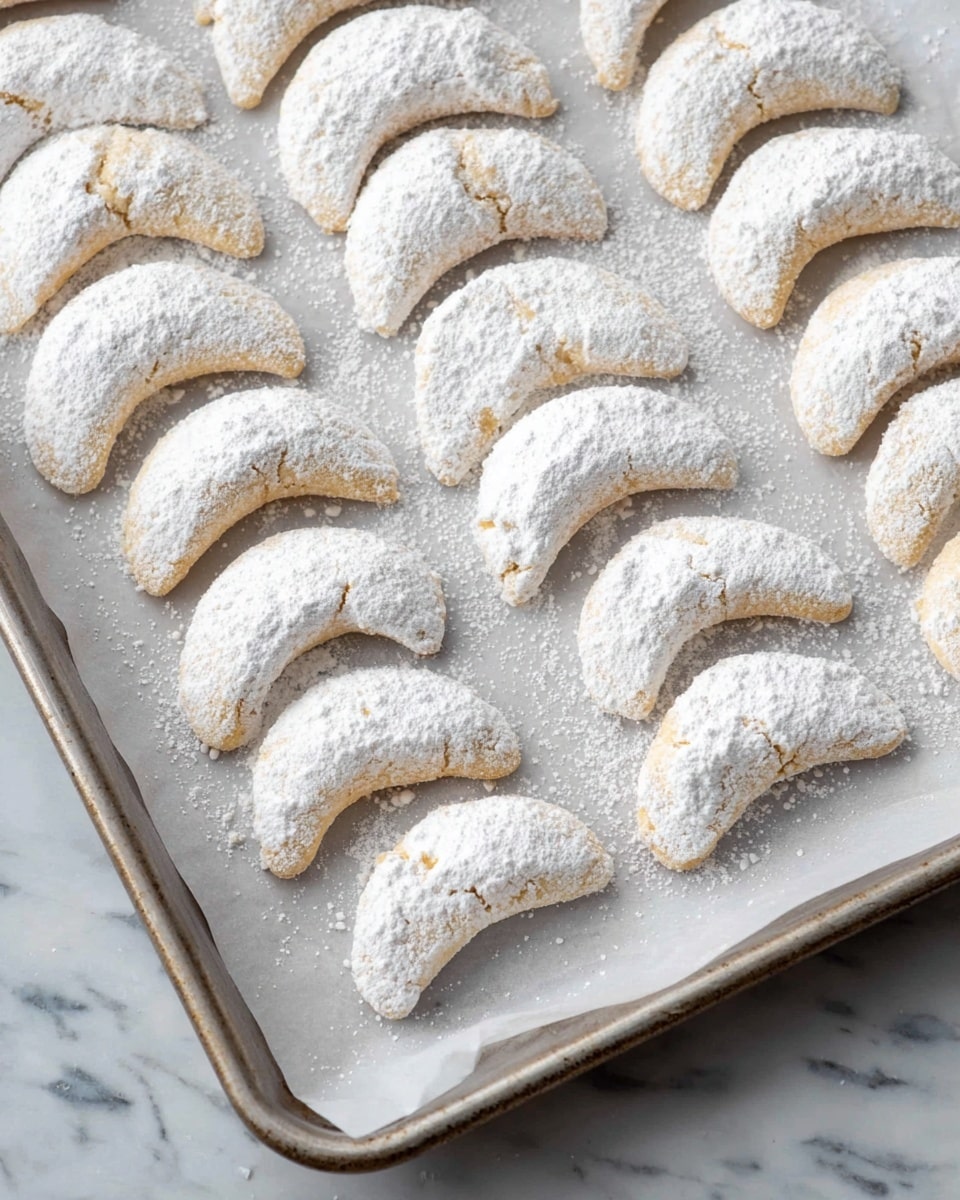 The image shows about fifteen crescent-shaped cookies arranged in neat rows on a baking tray lined with white parchment paper. Each cookie is fully covered in white powdered sugar, giving them a soft, powdery texture on top with a light beige surface peeking through. The cookies have a slightly crumbly look with some small cracks visible on their surface. The baking tray rests on a white marbled surface, which adds a clean and bright background to the composition. Photo taken with an iphone --ar 4:5 --v 7