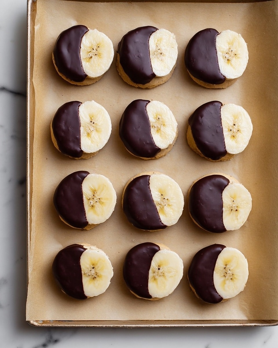 The image shows a tray lined with light brown parchment paper holding 15 small round treats arranged in a 3 by 5 grid. Each treat has two layers; the bottom layer is a light beige color, smooth in texture, and the top layer is a banana slice that is half dipped in dark chocolate. The banana slices are pale yellow with visible seeds, while the chocolate-dipped halves are glossy and dark brown, creating a clear contrast. The overall look is neat and evenly spaced, with the tray sitting on a white marbled surface. photo taken with an iphone --ar 4:5 --v 7