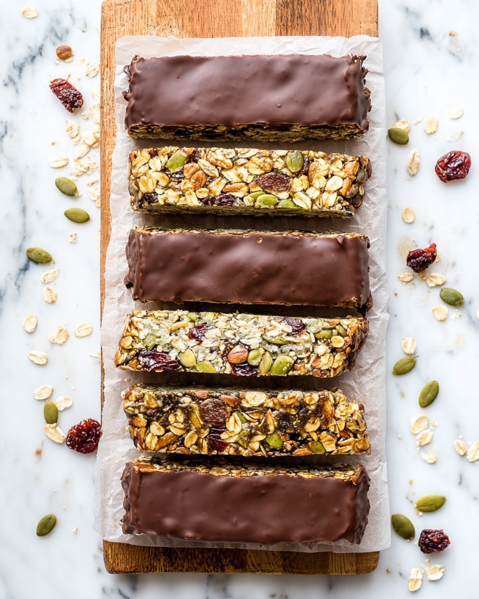 There are six granola bars lined up vertically on a piece of parchment paper placed on a wooden board over a white marbled surface. Each bar has two layers: the bottom layer is a mix of oats, seeds, nuts, and dried fruits in light brown and green tones with textured bits visible, while the top layer is a smooth, shiny milk chocolate coating that covers about one-third of the bar. Scattered around the bars on the white marbled surface are loose pumpkin seeds, dried berries, and oats, adding a natural and fresh feel. photo taken with an iphone --ar 4:5 --v 7
