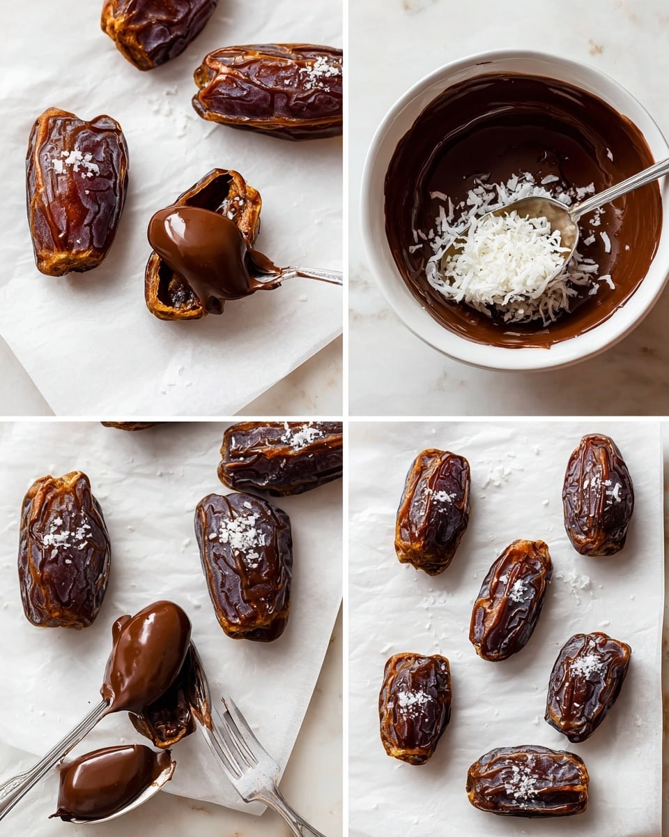 The image shows a step-by-step process of making stuffed dates covered in chocolate. In the first image, there are several brown dates with wrinkled skin laid open on white parchment paper on a white marbled surface. A spoon is scooping out the inside of one date. In the second image, one of the opened dates is filled with white shredded coconut, while the other whole and opened dates remain on the paper. The third image shows a dipped date held by a fork, coated evenly with thick, smooth dark brown chocolate above a white bowl filled with the same chocolate. The last image shows multiple chocolate-covered dates placed on white parchment paper on a white marbled surface, each topped with a small sprinkle of salty flakes, giving a textured contrast on top of the shiny chocolate. photo taken with an iphone --ar 4:5 --v 7