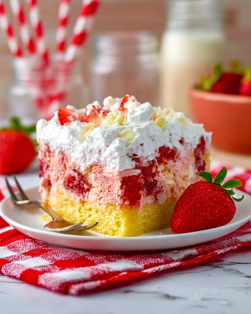 The image shows a piece of layered strawberry dessert on a white plate, placed on a red and white checkered cloth over a white marbled surface. The dessert has three layers: the bottom layer is a golden yellow cake base, the middle layer is a pinkish strawberry cake mixed with bits of fruit, and the top layer is thick white whipped cream with small strawberry pieces and white chocolate shavings scattered on top. A whole fresh strawberry is placed beside the plate, with a blurred background of light-colored jars and a red and white striped straw. The scene is bright and colorful, with soft natural lighting. Photo taken with an iphone --ar 4:5 --v 7