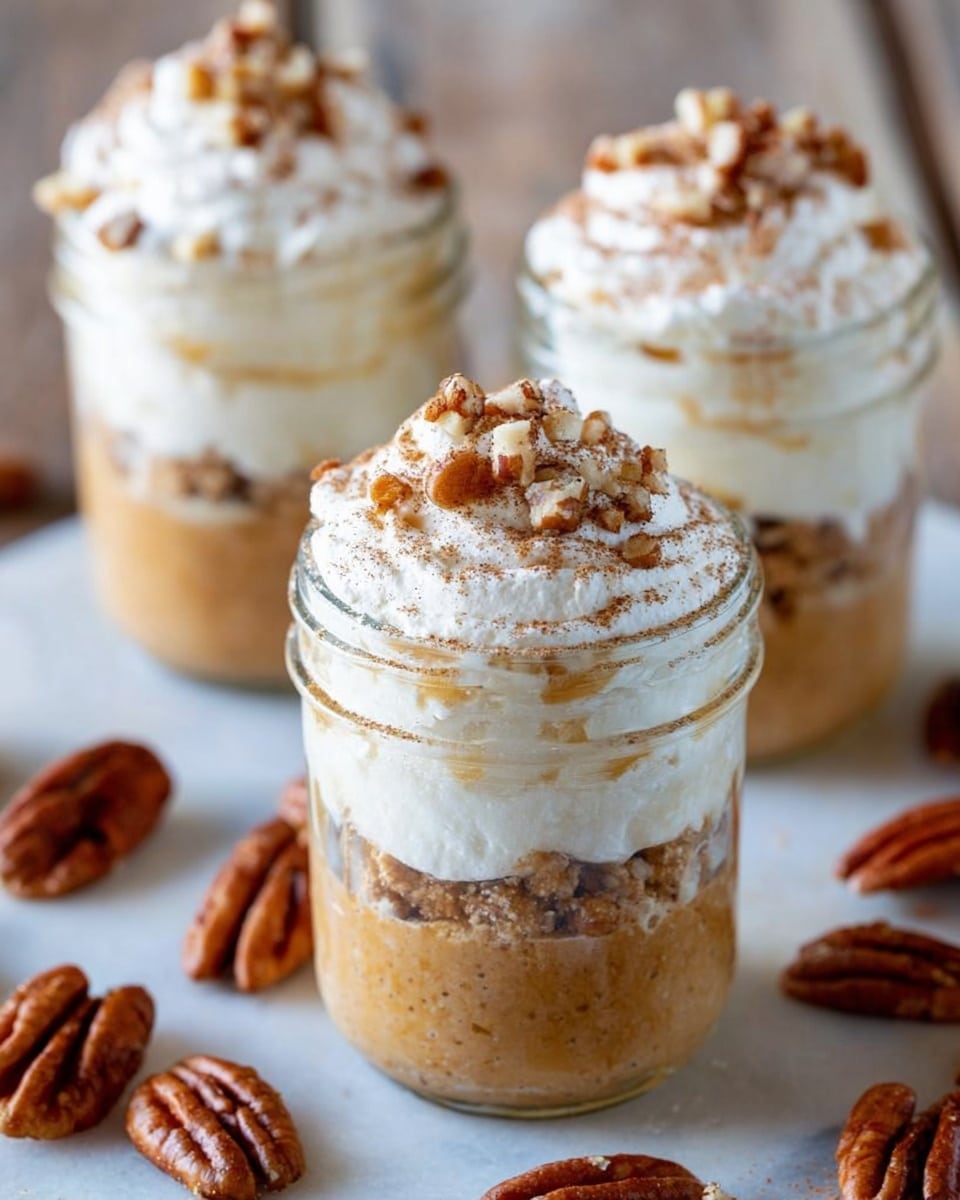 There are three clear glass jars filled with a dessert showing three layers each: a white fluffy base, a thick light brown middle layer, and a white whipped topping. The top is sprinkled with small pieces of brown pecans, and a light dusting of cinnamon or spice powder can be seen on the whipped cream. Around the jars, scattered whole pecans lie on a white marbled surface. The overall look is creamy and textured, with the jars placed close together. Photo taken with an iphone --ar 4:5 --v 7