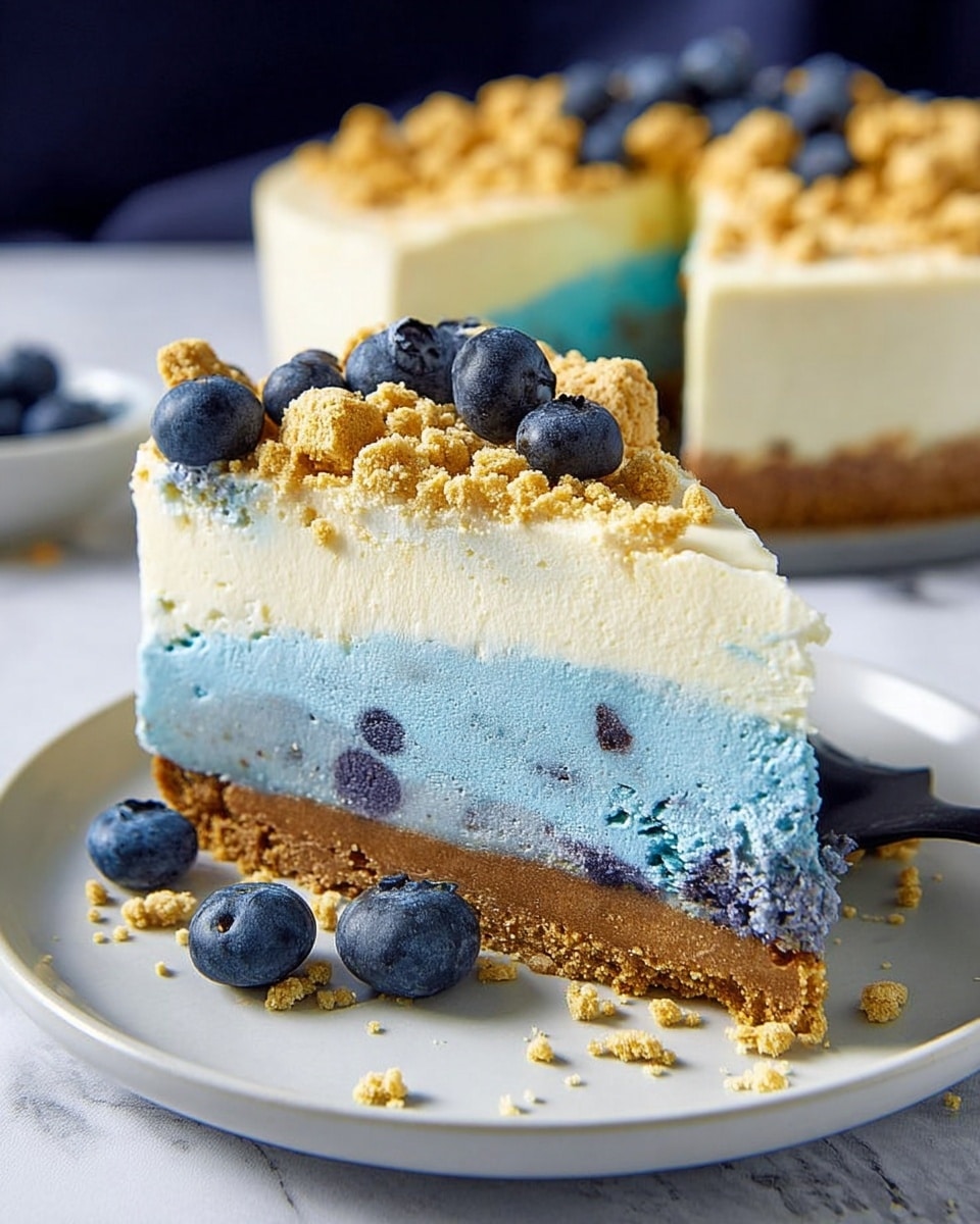 A slice of three-layer cheesecake sits on a white plate, placed on a white marbled surface. The bottom layer is a thick, rough-textured brown crust. The middle layer is bright blue with small dark spots, showing a creamy texture. The top layer is creamy off-white, smooth and thick. Crumbled golden biscuit pieces cover the top layer, and fresh blueberries are scattered on top and around the plate. In the background, a larger cake with the same layers is partially visible. Photo taken with an iphone --ar 4:5 --v 7