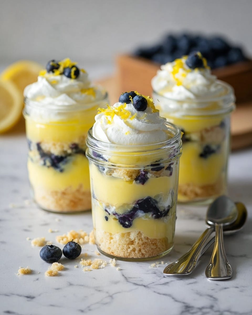 Three clear glass jars hold layered desserts on a white marbled surface. Each jar has three main layers: the bottom layer is a crumbly light beige cake, the middle layer is a bright yellow custard with scattered dark blue blueberries, and the top layer is a fluffy white whipped cream. A single blueberry and some yellow zest garnish sit atop the whipped cream on each jar. Two silver spoons rest near the jars, and there are some loose cake crumbs on the surface. In the blurred background, extra blueberries are scattered on a wooden board. photo taken with an iphone --ar 4:5 --v 7