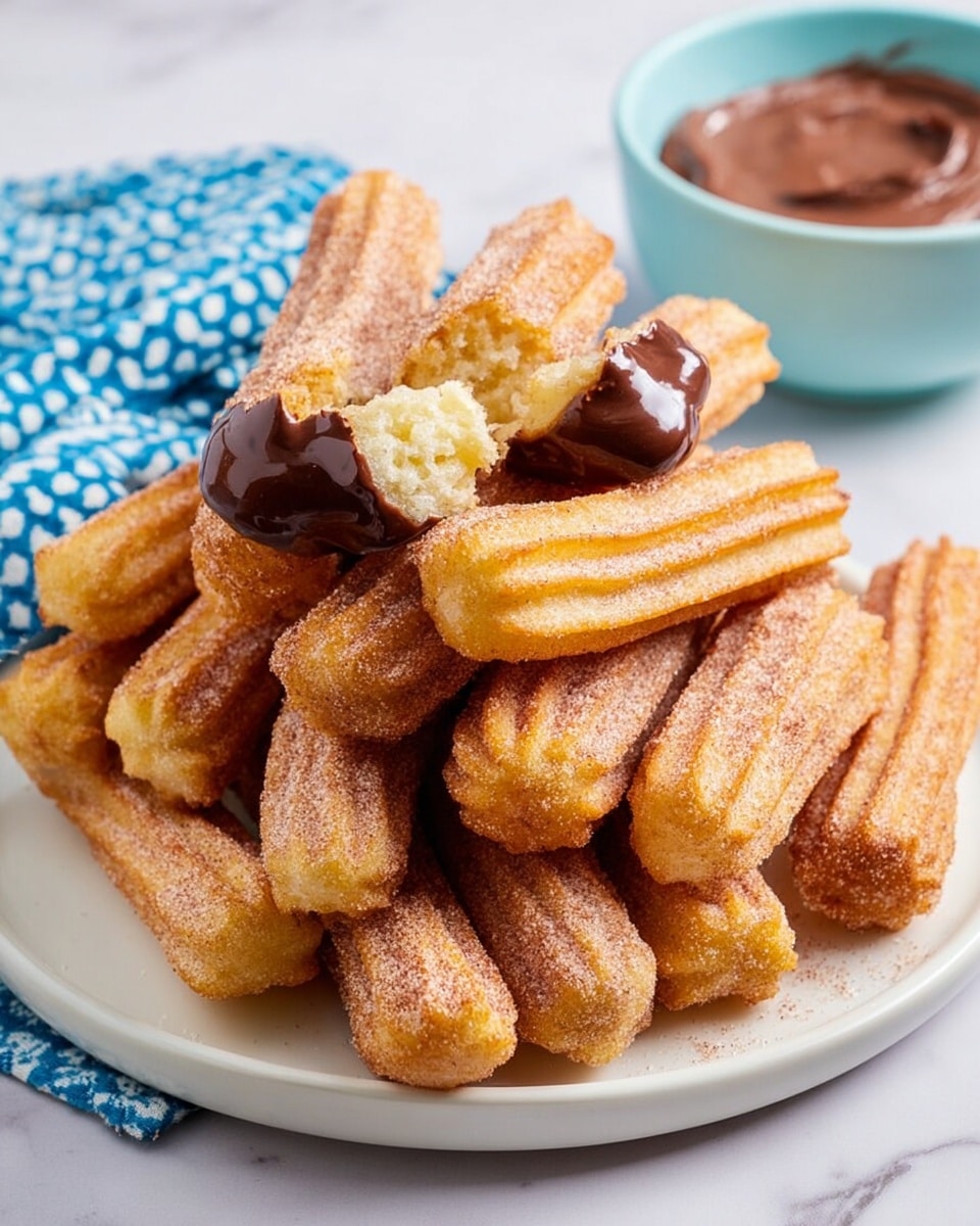 A tall pile of golden-brown churros with a light coating of sugar and cinnamon sits on a white plate, showing their ridged texture and crispy outer layer. One churro on the left side is dipped in thick, dark chocolate sauce that partially coats its end. Two churros on the top have been broken in half, revealing their soft, airy, pale yellow inside. In the background, a light blue bowl filled with creamy chocolate sauce is slightly out of focus, and a blue patterned cloth rests on a white marbled surface photo taken with an iphone --ar 4:5 --v 7