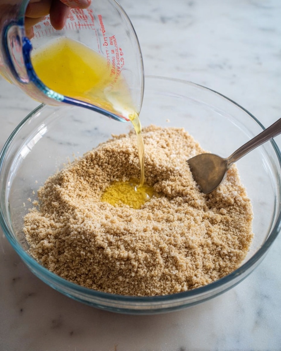 A clear glass bowl holds a mound of light brown fine crumbs with some small chunk pieces, filling most of the bowl. In the middle, a small pool of shiny yellow liquid is being poured in from a clear measuring cup with a blue rim, held by a blurred woman's hand. A metal spoon is partially buried in the crumbs on the right side of the bowl. The bowl sits on a white marbled surface. photo taken with an iphone --ar 4:5 --v 7