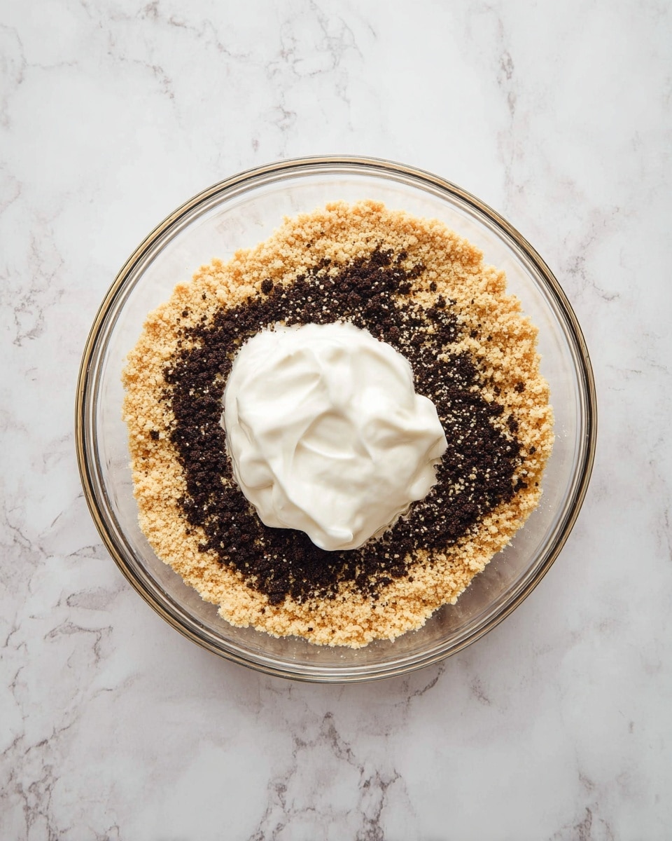 A clear glass bowl on a white marbled surface contains three layers of ingredients. The outer layer is light golden brown crumbs, crumbly in texture and evenly spread around the edges. Inside this is a thicker layer of dark brown, finely crushed crumbs forming a circular band. In the center, there is a dollop of smooth, white cream sitting on top of the dark layer. The bowl is viewed from above, showing the color contrast between the layers clearly. Photo taken with an iphone --ar 4:5 --v 7