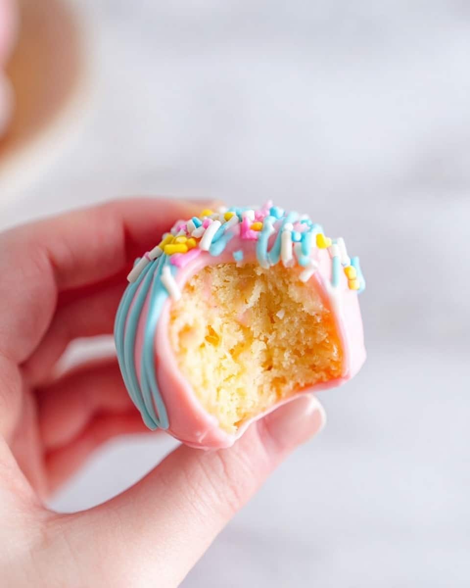 A close-up of a small round cake ball with two layers: the inside is soft and light yellow, showing a crumbly texture, and the outside is covered in a smooth pink icing layer with light blue icing drizzled on top. The cake ball is decorated with small, colorful round and rod-shaped sprinkles in white, yellow, pink, and blue scattered over the pink and blue icing. A woman's hand gently holds the cake ball by the sides. The background is a soft white marbled texture. photo taken with an iphone --ar 4:5 --v 7