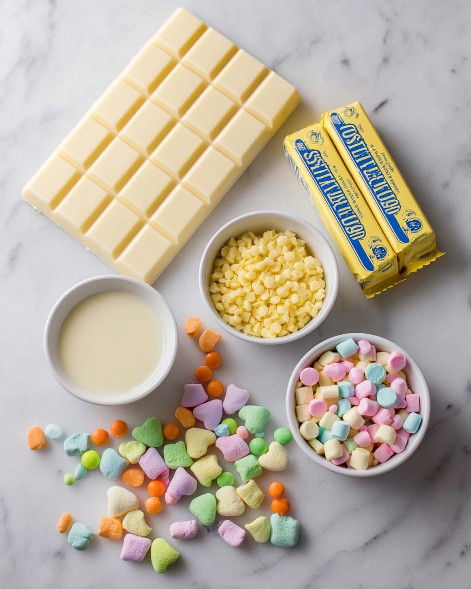 The image shows several baking ingredients arranged on a white marbled surface. In the upper left, there is a large white chocolate bar divided into square pieces. To the right of the chocolate bar, two sticks of unsalted butter are wrapped in yellow paper with blue text. Below the chocolate bar and slightly to the right, there are two small white bowls; the left bowl contains small yellow candy pieces, and the right bowl is filled with pastel-colored round confetti sprinkles. In front of the bowls and chocolate, scattered on the surface, are colorful pastel marshmallows and candy-coated chocolate pieces in shades of green, yellow, pink, orange, and purple. Near the center-left, there is a small white bowl with a light-colored creamy liquid inside. photo taken with an iphone --ar 4:5 --v 7